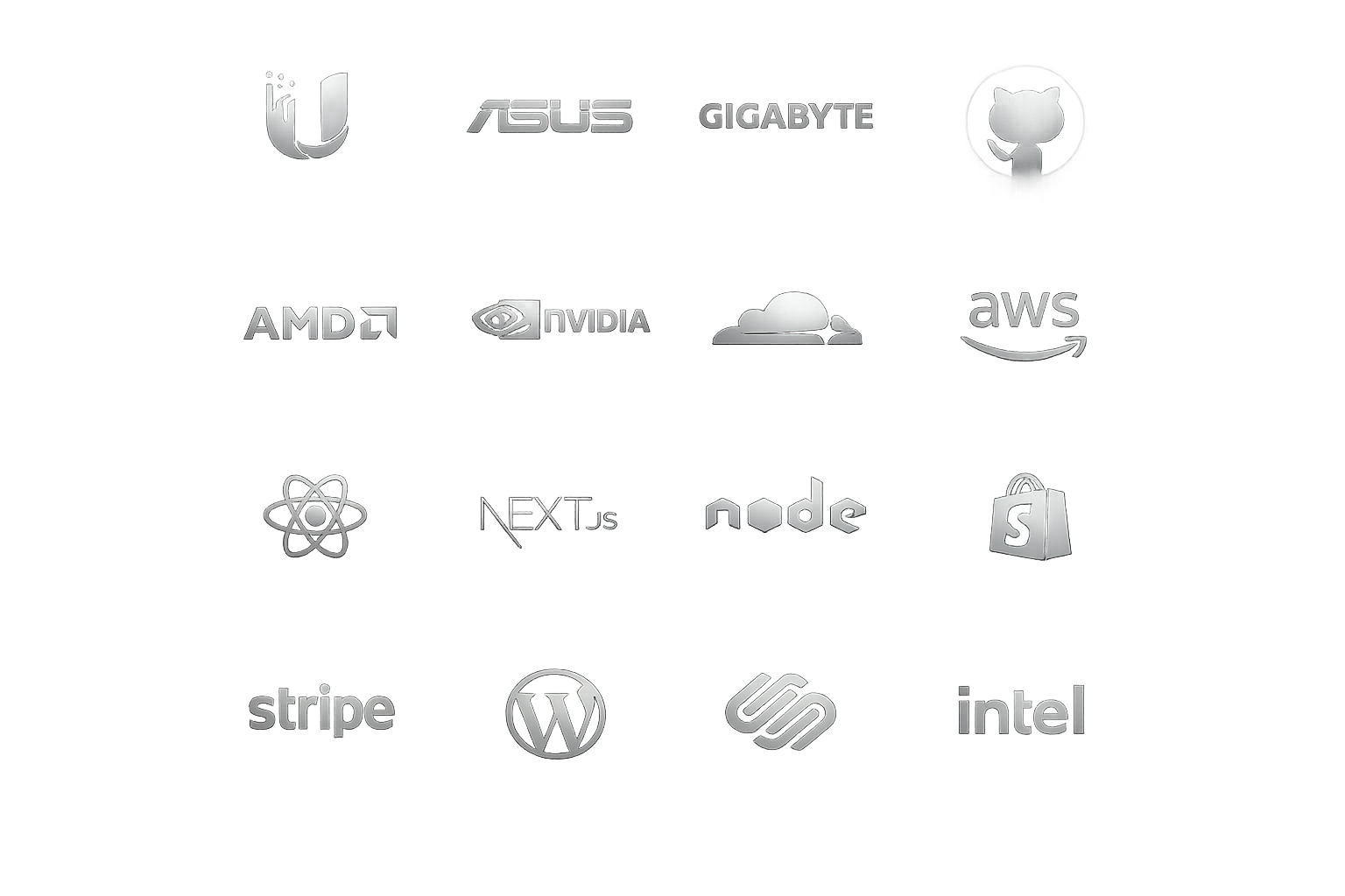Technology partners — Ubiquiti, ASUS, Gigabyte, GitHub, AMD, NVIDIA, Cloudflare, AWS, React, Next.js, Node.js, Shopify, Stripe, WordPress, Squarespace, Intel