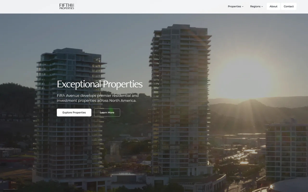 Fifth Avenue Properties homepage — “Exceptional Properties” headline over aerial footage of Kelowna towers at sunset